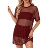 image:imageLYANER Womens Sheer Mesh Short Sleeve Tops Sexy See Through Oversized Shirt Dress Cover Ups TunicSolid Wine Red