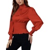 image:imageLYANER Womens Shirred Frill Mock Neck Smocked Puff Long Sleeve Blouse TopDark Orange