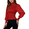 image:imageLYANER Womens Shirred Frill Mock Neck Smocked Puff Long Sleeve Blouse TopRed