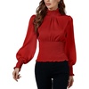 image:imageLYANER Womens Shirred Frill Mock Neck Smocked Puff Long Sleeve Blouse TopRed