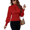 image:imageLYANER Womens Shirred Frill Mock Neck Smocked Puff Long Sleeve Blouse TopRed