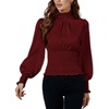 image:imageLYANER Womens Shirred Frill Mock Neck Smocked Puff Long Sleeve Blouse TopWine Red