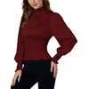image:imageLYANER Womens Shirred Frill Mock Neck Smocked Puff Long Sleeve Blouse TopWine Red