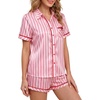 image:imageLYANER Womens Silky Satin Striped 2 Piece Pajama Sets Button Shirt and Wide Leg Shorts SleepwearPink