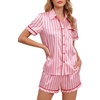image:imageLYANER Womens Silky Satin Striped 2 Piece Pajama Sets Button Shirt and Wide Leg Shorts SleepwearPink