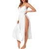 image:imageLYANER Womens Soft Satin Nightgowns Lace Trim V Neck Spaghetti Strap High Slit Maxi Slip Dress NightdressWhite