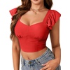 image:imageLYANER Womens Summer Sweetheart Blouse Smocked Backless Ruffle Sleeve Tank Crop TopsRed