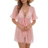 image:imageLYANER Womens Tie Knot Front Coverup V Neck Ruffle Sleeve Beach Cover Ups Cardigan TopsArmy Green