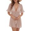 image:imageLYANER Womens Tie Knot Front Coverup V Neck Ruffle Sleeve Beach Cover Ups Cardigan TopsKhaki