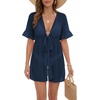 image:imageLYANER Womens Tie Knot Front Coverup V Neck Ruffle Sleeve Beach Cover Ups Cardigan TopsNavy Blue