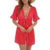 image:imageLYANER Womens Tie Knot Front Coverup V Neck Ruffle Sleeve Beach Cover Ups Cardigan TopsRed