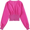 image:imageLYANER Womens V Neck Shirred Polka Dots Long Sleeve Frill Crop Blouse Shirt TopsSolid Hot Pink