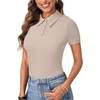 image:imageLYANER Womens V Neck Summer Casual Work Top Ribbed Knit Collared Shirt Short Sleeve BlouseKhaki