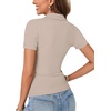 image:imageLYANER Womens V Neck Summer Casual Work Top Ribbed Knit Collared Shirt Short Sleeve BlouseKhaki