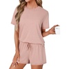 image:imageLYANER Pajama Set for Women 2 Piece Lounge Set Striped Crew neck Short Sleeve Tops and Shorts Soft SleepwearPink