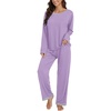 image:imageLYANER Womens 2 Piece Satin Silky Pajama Set Long Sleeve Button Front Shirt with Elastic Waist Pants Loungewear SleepwearLight Purple