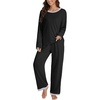 image:imageLYANER Womens 2 Piece Satin Silky Pajama Set Long Sleeve Button Front Shirt with Elastic Waist Pants Loungewear SleepwearSolid Black