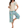 image:imageLYANER Womens 2 Piece Short SleeveTops and Print Cropped Pants Loose Lounge Pj Sets with PocketGreen
