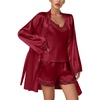 image:imageLYANER Womens 3pcs Sleepwear Silk Satin V Neck Lace Trim Cami Top and Shorts Pajama Set with RobeWine Red