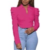 image:imageLYANER Womens Collar V Neck Button Down Split Hem Puff Long Sleeve Shirt Blouse TopRose