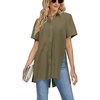 image:imageLYANER Womens Collar V Neck Split Hem Button Down Short Sleeve Long Shirt Blouse Tunic TopArmy Green