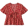 image:imageLYANER Womens Floral Print V Neck Tie Knot Ruffle Hem Short Sleeve Blouse Peplum TopRed Yellow Floral