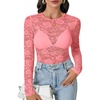 image:imageLYANER Womens Lace Long Sleeve Tops Floral Sexy Mesh Sheer Shirt See Through Undershirt TopsPure Pink