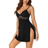 image:imageLYANER Womens Lingerie Sexy Lace Trim Sides Slit Spaghetti Straps Nightgown Babydoll Chemise NightwearBlack