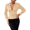 image:imageLYANER Womens Low Cut Strenchy Elastic Waist Ruched Long Sleeve Blouse Shirt TopBeige