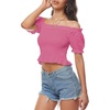 image:imageLYANER Womens Off Shoulder Shirred Short Sleeve Crop Blouse Tee TopPink