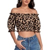 image:imageLYANER Womens Off The Shoulder Crop Tops Ruffle Trim Ruched Short Sleeve Peasant BlouseBlack Leopard