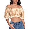 image:imageLYANER Womens Off The Shoulder Crop Tops Ruffle Trim Ruched Short Sleeve Peasant BlouseKhaki Lines