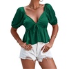 image:imageLYANER Womens Satin Deep V Neck Puff Short Sleeve Tie Front Ruffle Hem Blouse Crop Peplum TopDark Green