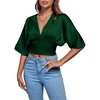 image:imageLYANER Womens Satin Deep V Neck Ruched Blouse Shirred Back Batwing Short Sleeve Crop TopDark Green
