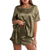 image:imageLYANER Womens Satin Silky Pajama Set Short Sleeve Tshirt With Shorts Set PJ LoungewearOlive Green