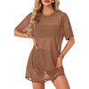 image:imageLYANER Womens Sheer Mesh Short Sleeve Tops Sexy See Through Oversized Shirt Dress Cover Ups TunicBrown