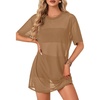 image:imageLYANER Womens Sheer Mesh Short Sleeve Tops Sexy See Through Oversized Shirt Dress Cover Ups TunicLight Brown01