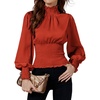 image:imageLYANER Womens Shirred Frill Mock Neck Smocked Puff Long Sleeve Blouse TopDark Orange
