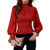 image:imageLYANER Womens Shirred Frill Mock Neck Smocked Puff Long Sleeve Blouse TopRed
