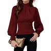 image:imageLYANER Womens Shirred Frill Mock Neck Smocked Puff Long Sleeve Blouse TopWine Red