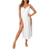 image:imageLYANER Womens Soft Satin Nightgowns Lace Trim V Neck Spaghetti Strap High Slit Maxi Slip Dress NightdressWhite