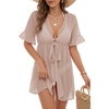 image:imageLYANER Womens Tie Knot Front Coverup V Neck Ruffle Sleeve Beach Cover Ups Cardigan TopsKhaki