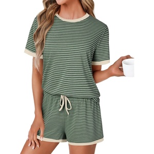 image:imageLYANER Pajama Set for Women 2 Piece Lounge Set Striped Crew neck Short Sleeve Tops and Shorts Soft SleepwearArmy Green