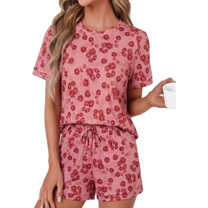 image:imageLYANER Pajama Set for Women 2 Piece Lounge Set Striped Crew neck Short Sleeve Tops and Shorts Soft SleepwearBurgundy Daisies