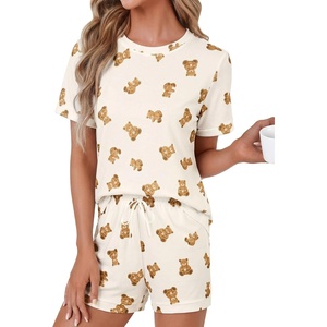 image:imageLYANER Pajama Set for Women 2 Piece Lounge Set Striped Crew neck Short Sleeve Tops and Shorts Soft SleepwearLight Brown Bear