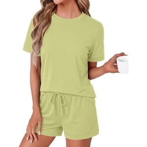 image:imageLYANER Pajama Set for Women 2 Piece Lounge Set Striped Crew neck Short Sleeve Tops and Shorts Soft SleepwearLight Green