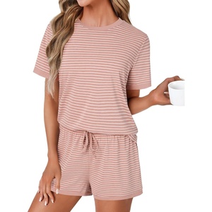 image:imageLYANER Pajama Set for Women 2 Piece Lounge Set Striped Crew neck Short Sleeve Tops and Shorts Soft SleepwearPink