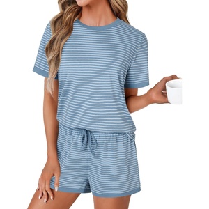 image:imageLYANER Pajama Set for Women 2 Piece Lounge Set Striped Crew neck Short Sleeve Tops and Shorts Soft SleepwearSky Blue