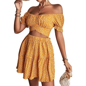 image:imageLYANER Womens 2 Piece Outfits Floral Off Shoulder Tie Up Crop Top and Mini Skirt SetYellow Floral