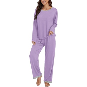 image:imageLYANER Womens 2 Piece Satin Silky Pajama Set Long Sleeve Button Front Shirt with Elastic Waist Pants Loungewear SleepwearLight Purple